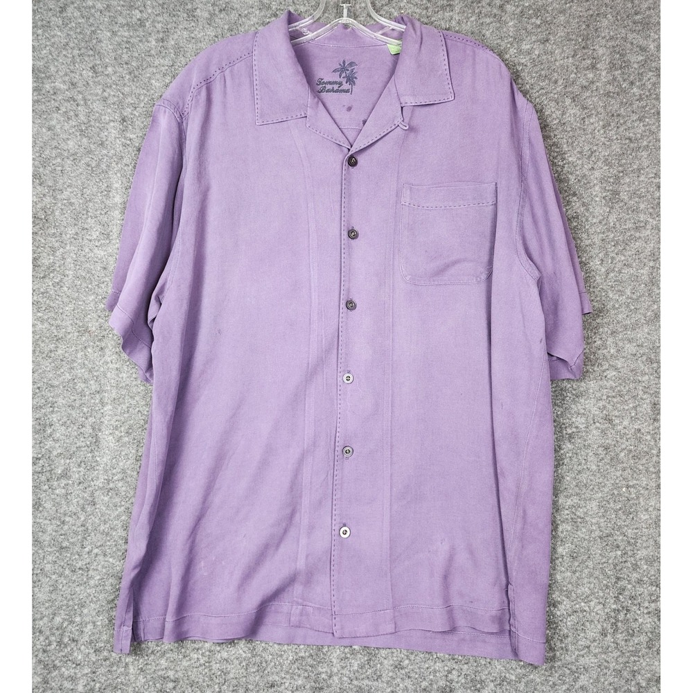 Tommy Bahama Camp Shirt Mens L Purple 100% Silk Short Sleeve Pick Stitch Button